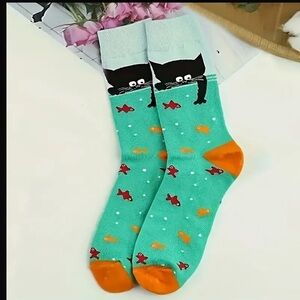 Cute Cat Pattern Socks - Green and Orange